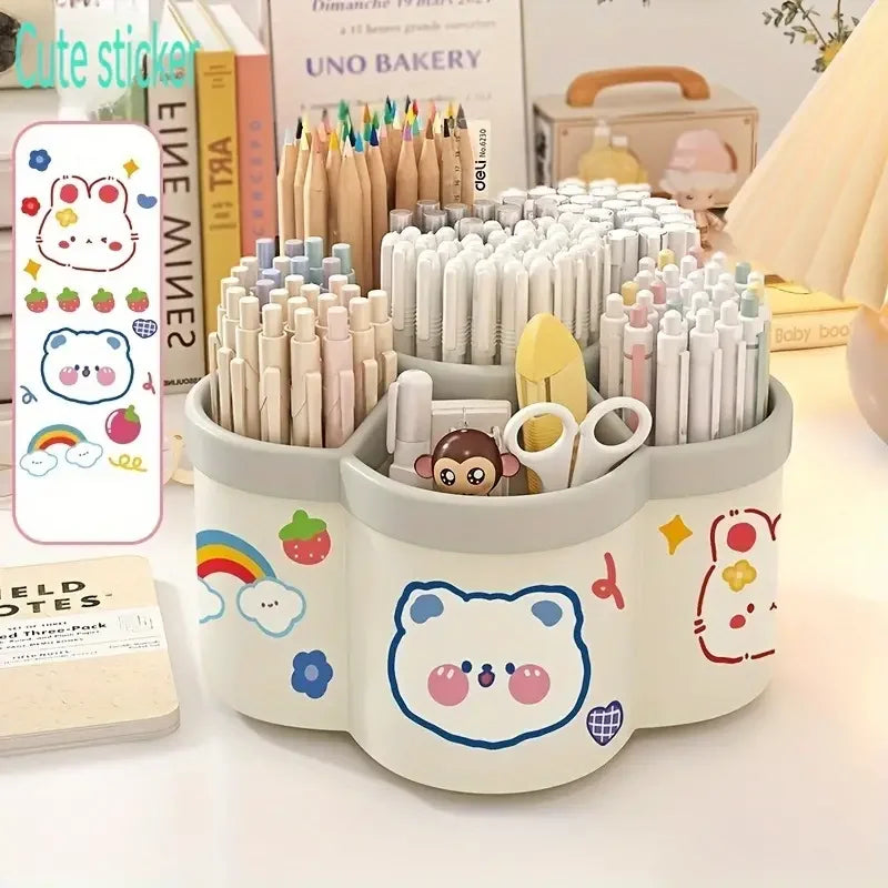 Large Capacity 360° Rotating Desk Organizer, Cute Pen Holder & Stationery Storage Box for Office & School Supplies