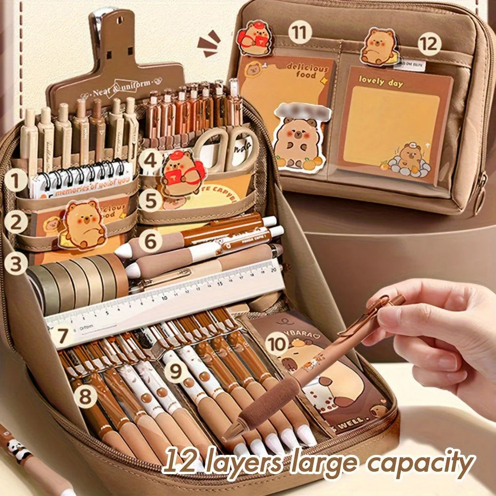 Adorable Capybara Themed Stationery Gift Set for Students, Including Comfort-Grip Pens, Notebook, Pencil Case & Complete School Supplies Kit