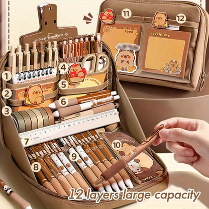 Adorable Capybara Themed Stationery Gift Set for Students, Including Comfort-Grip Pens, Notebook, Pencil Case & Complete School Supplies Kit