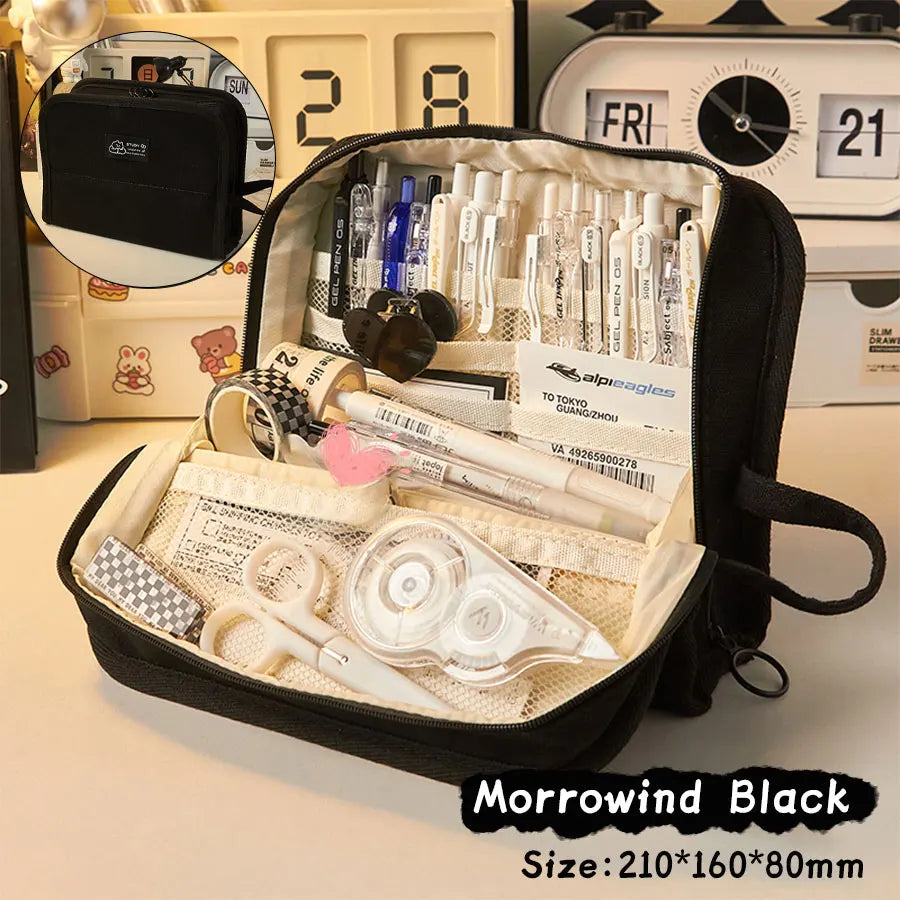 Large Capacity Canvas Pencil Case, Minimalist Japanese Style Pen Pouch, Portable Stationery Storage Box, Multi-functional School Supplies Organizer Bag