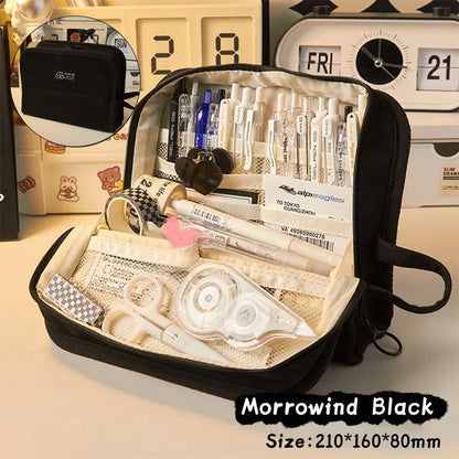 Large Capacity Canvas Pencil Case, Minimalist Japanese Style Pen Pouch, Portable Stationery Storage Box, Multi-functional School Supplies Organizer Bag