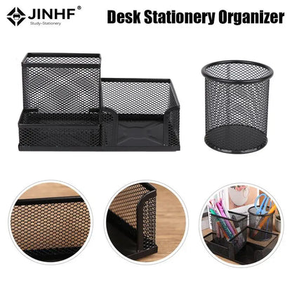 Creative Metal Desk Organizer, 3-Grid Pen Holder, Multifunctional Pencil & File Storage Rack, Practical Office Desktop Accessories