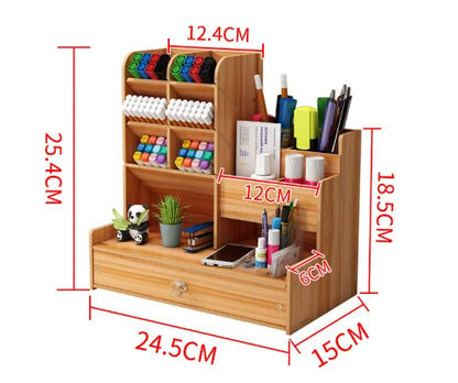 Wooden Desktop Organizer with Drawer, DIY Assemble Pen Holder, Large Capacity Stationery Storage Box, Multifunctional Desk Tidy for Home, Office & School