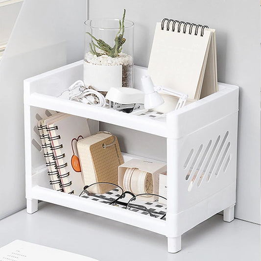 Double-Layer PP Desktop Storage Rack, White Rectangular Desk Organizer, Multi-Purpose Storage for Student Stationery, Office Supplies & Cosmetics