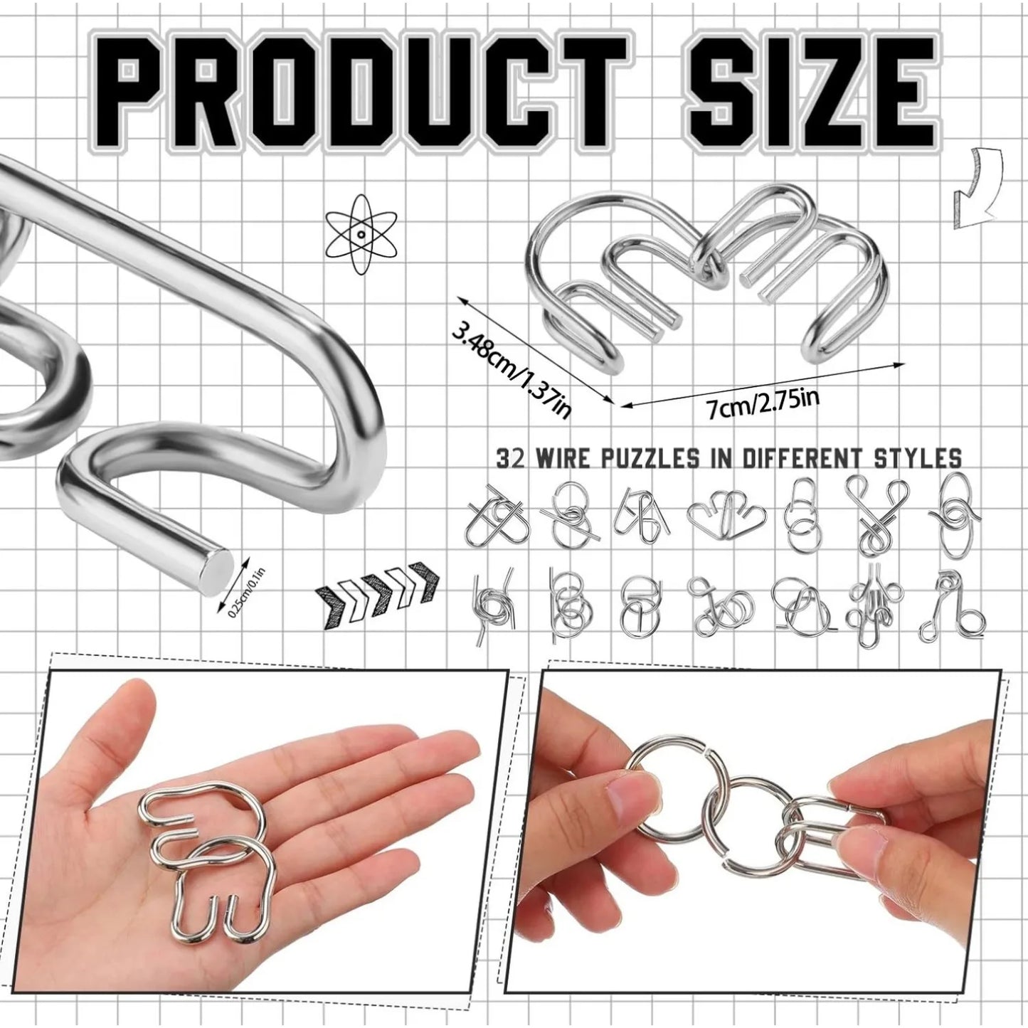 Metal Wire Puzzle Set, Brain Teaser IQ Test Disentangle Game, Iron Link Unlock Interlock Toy, Chinese Ring Magic Trick Puzzle