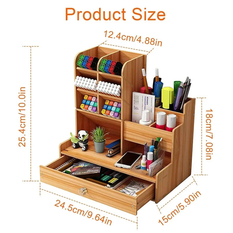 Wooden Desktop Organizer with Drawer, DIY Assemble Pen Holder, Large Capacity Stationery Storage Box, Multifunctional Desk Tidy for Home, Office & School