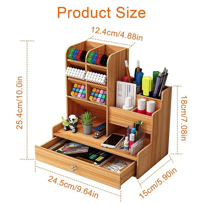 Wooden Desktop Organizer with Drawer, DIY Assemble Pen Holder, Large Capacity Stationery Storage Box, Multifunctional Desk Tidy for Home, Office & School