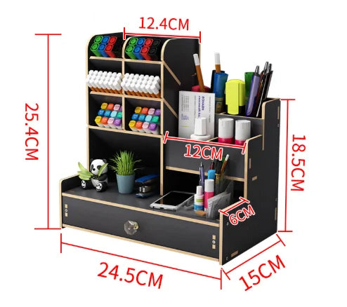 Wooden Desktop Organizer with Drawer, DIY Assemble Pen Holder, Large Capacity Stationery Storage Box, Multifunctional Desk Tidy for Home, Office & School