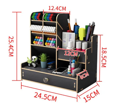 Wooden Desktop Organizer with Drawer, DIY Assemble Pen Holder, Large Capacity Stationery Storage Box, Multifunctional Desk Tidy for Home, Office & School