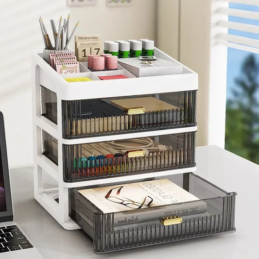 Transparent Plastic Desk Organizer with Drawer, Multifunctional Stationery Storage Box, Desktop Organizer for School & Office Supplies